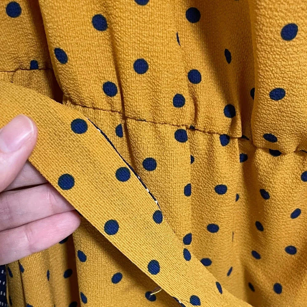 Wrapper Mustard Polka Dot Midi Dress with Navy Accent - Picture 5 of 11